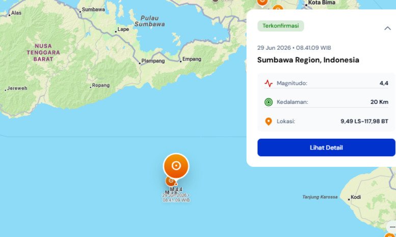 Gempa bumi magnitudo 4,4 mengguncang wilayah Sumbawa pada Senin pagi (29/6/2026) dengan pusat gempa berada di kedalaman 20 kilometer berdasarkan data real-time BMKG.