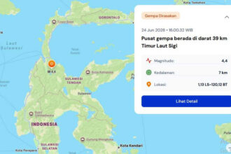 Gempa bumi magnitudo 4,4 mengguncang wilayah Kabupaten Sigi dan Kota Palu, Sulawesi Tengah, pada Rabu sore dengan pusat gempa berada di daratan dan kedalaman dangkal 7 kilometer.