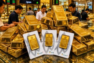 Harga emas Antam hari ini turun Rp2.000 per gram menjadi Rp2.633.000, diikuti penurunan harga buyback serta daftar harga seluruh pecahan emas terbaru.
