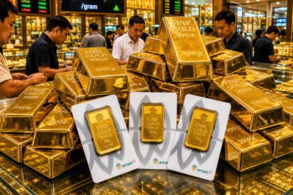 Harga emas Antam hari ini turun Rp2.000 per gram menjadi Rp2.633.000, diikuti penurunan harga buyback serta daftar harga seluruh pecahan emas terbaru.