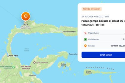 Gempa magnitudo 4,4 mengguncang Toli-Toli, Sulawesi Tengah, pada Jumat pagi dengan pusat gempa di darat dan getarannya dirasakan masyarakat hingga skala III MMI menurut BMKG.