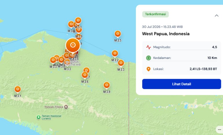 BMKG mencatat gempa bumi magnitudo 4,3 mengguncang Papua pada Kamis sore dengan pusat gempa dangkal berkedalaman 7 kilometer.