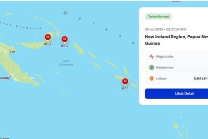 Tiga gempa magnitudo di atas 5 mengguncang kawasan Pasifik pada dini hari, meliputi Solomon Islands, Fiji, dan Papua Nugini.