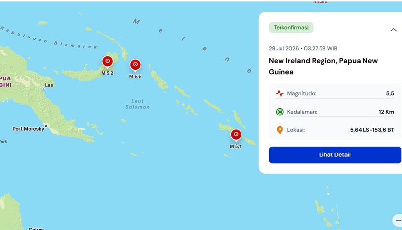 Tiga gempa magnitudo di atas 5 mengguncang kawasan Pasifik pada dini hari, meliputi Solomon Islands, Fiji, dan Papua Nugini.