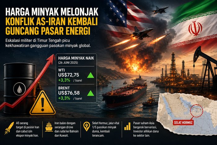 Harga minyak dunia melonjak seiring meningkatnya ketegangan militer AS dan Iran yang kembali mengancam stabilitas pasokan energi dunia.