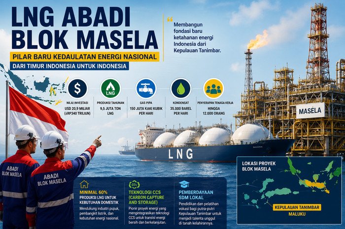 LNG Abadi Blok Masela resmi memasuki tahap pembangunan sebagai proyek energi strategis yang memperkuat pasokan domestik, menciptakan lapangan kerja, dan mendorong ekonomi Kepulauan Tanimbar.