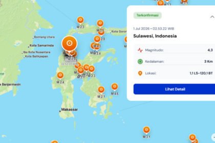 Gempa bumi magnitudo 4,3 mengguncang Sulawesi pada Rabu dini hari, 1 Juli 2026, dengan pusat gempa berada di kedalaman dangkal 3 kilometer dan masih terus dipantau oleh otoritas terkait.
