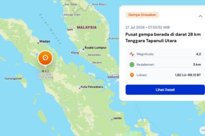 Gempa magnitudo 4,2 mengguncang Tapanuli Utara pada Senin pagi, 27 Juli 2026, dengan getaran dirasakan warga di Sibolga dan Tarutung.