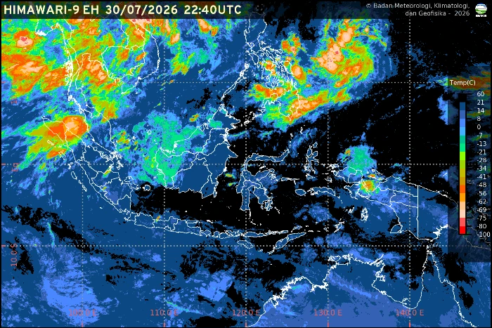 Bibit Siklon Tropis 94W memengaruhi cuaca Indonesia pada Jumat (31/7/2026) dengan potensi hujan sedang hingga lebat di sejumlah wilayah.