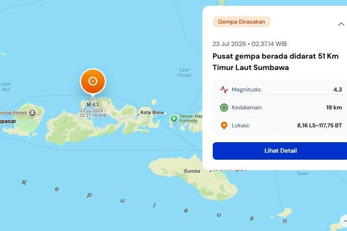 Gempa magnitudo 4,3 mengguncang Sumbawa dini hari dengan getaran dirasakan hingga Kabupaten Bima dan Dompu berdasarkan laporan BMKG.