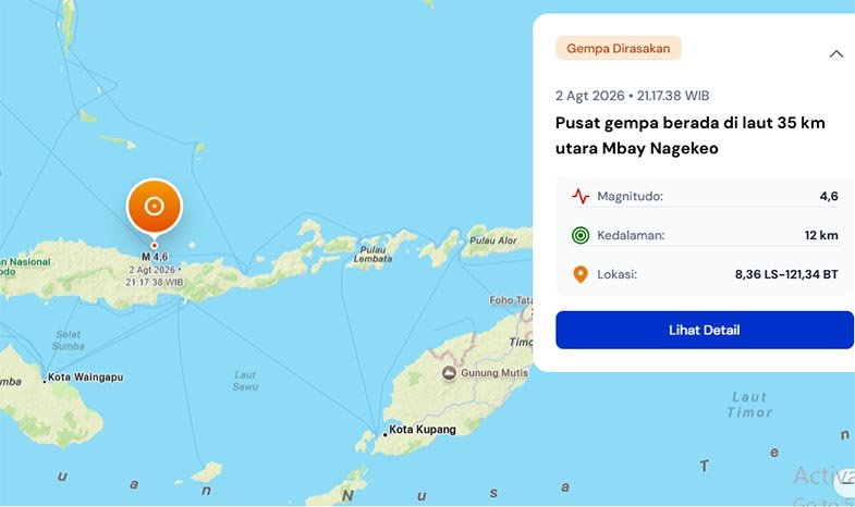 Gempa Magnitudo 4,6 terjadi di laut utara Mbay, Nagekeo, NTT, pada Minggu malam dengan getaran dirasakan di Ende dan Ngada, tanpa laporan kerusakan maupun korban.
