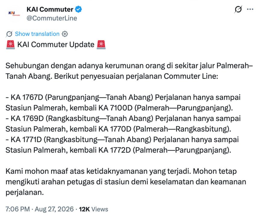 Kawasan Senayan Memanas, KRL Rangkasbitung-Tanah Abang Tertahan, Rute Kereta Hanya Sampai Palmerah