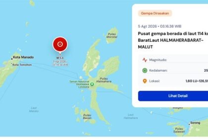 Gempa magnitudo 5,6 mengguncang laut barat laut Halmahera Barat dan getarannya dirasakan hingga Ternate, Manado, Minahasa Utara, serta Bitung.