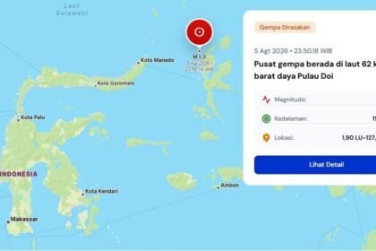 Gempa M5,9 mengguncang Laut Maluku pada Rabu malam dengan getaran dirasakan di Manado, Minahasa, Minahasa Utara, dan Tomohon.