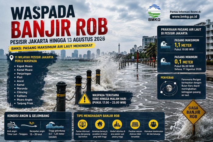 BMKG memperingatkan potensi banjir rob di 11 kawasan pesisir Jakarta hingga 13 Agustus 2026 seiring peningkatan pasang maksimum air laut.