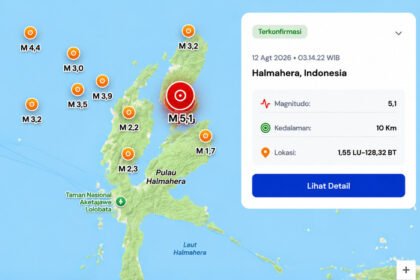 BMKG mencatat rangkaian aktivitas gempa di Maluku Utara pada 12 Agustus 2026 dengan magnitudo terkuat dalam data mencapai 5,13.