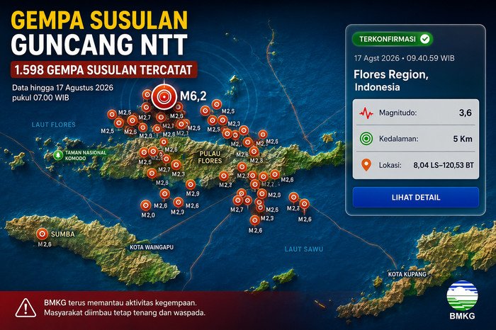 Gempa susulan NTT mencapai 1.598 kali hingga 17 Agustus 2026, BMKG mencatat kekuatan terbesar M6,2 dan terus memantau aktivitas seismik.
