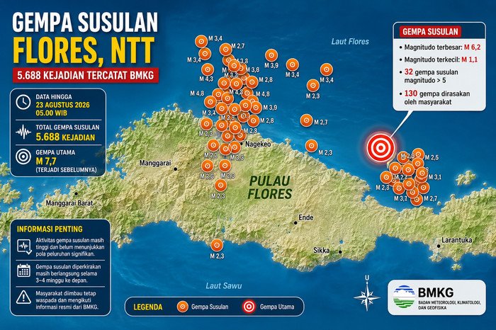 Aktivitas gempa susulan masih terjadi di Flores, NTT, setelah gempa utama M7,7, dengan ribuan kejadian tercatat BMKG.