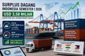Indonesia mencatat surplus neraca perdagangan sebesar USD 3,58 miliar pada semester I 2026 didorong pertumbuhan ekspor, kuatnya sektor manufaktur, serta kontribusi surplus dari Amerika Serikat, India, dan Filipina.