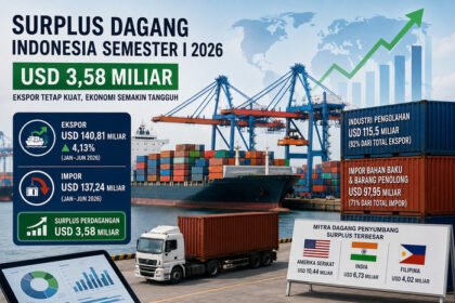 Indonesia mencatat surplus neraca perdagangan sebesar USD 3,58 miliar pada semester I 2026 didorong pertumbuhan ekspor, kuatnya sektor manufaktur, serta kontribusi surplus dari Amerika Serikat, India, dan Filipina.