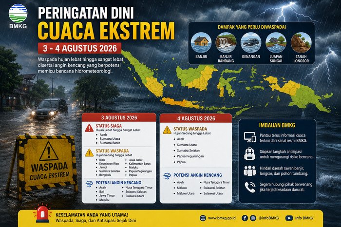 BMKG menetapkan Aceh, Sumatra Utara, dan Sumatra Barat berstatus Siaga akibat potensi hujan lebat hingga sangat lebat pada 3-4 Agustus 2026.