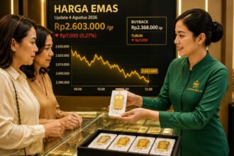 Harga emas Antam hari ini, Selasa 4 Agustus 2026, turun menjadi Rp2.603.000 per gram, sedangkan harga buyback melemah ke Rp2.368.000 per gram.