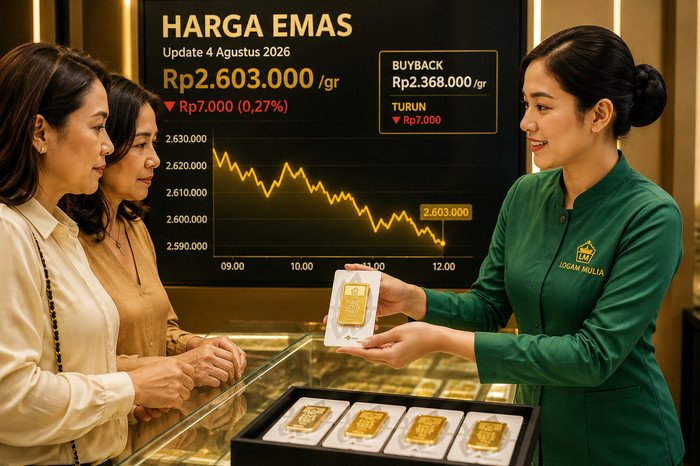 Harga emas Antam hari ini, Selasa 4 Agustus 2026, turun menjadi Rp2.603.000 per gram, sedangkan harga buyback melemah ke Rp2.368.000 per gram.