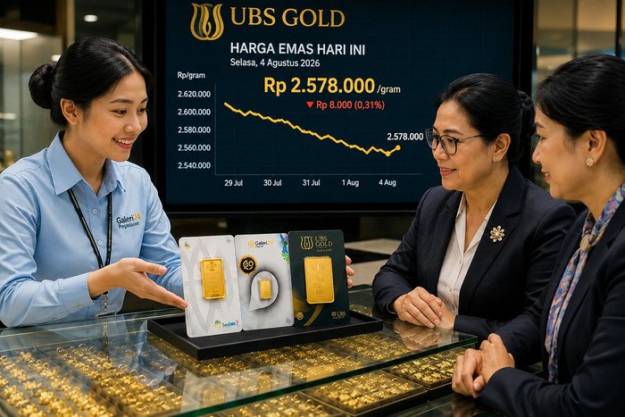 Harga emas Pegadaian terbaru 4 Agustus 2026 turun untuk produk Galeri24 dan UBS, dengan penurunan hingga Rp8.000 per gram.