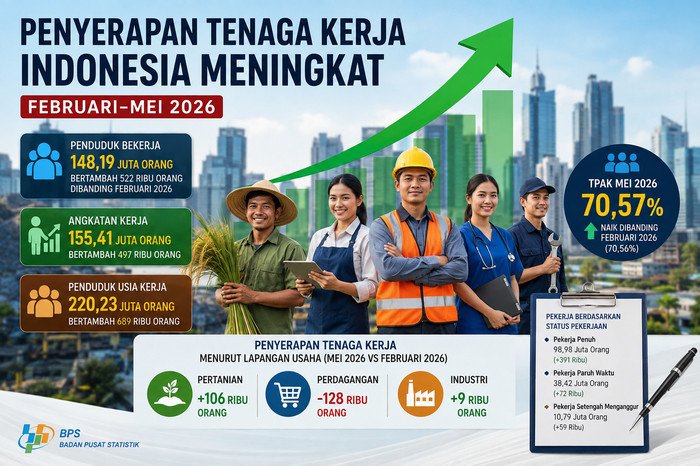 BPS mencatat penyerapan tenaga kerja bertambah 522 ribu orang sepanjang Februari-Mei 2026 dengan sektor pertanian menjadi penyumbang terbesar pertumbuhan pekerja.
