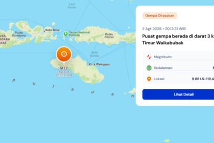 Gempa bumi magnitudo 3,2 mengguncang Kabupaten Sumba Barat, Nusa Tenggara Timur, pada Minggu malam, dengan pusat gempa berada 3 kilometer di timur Waikabubak dan dirasakan hingga skala III-IV MMI.