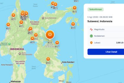Gempa bumi magnitudo 3,0 mengguncang wilayah Sulawesi pada Rabu pagi, 5 Agustus 2026, dengan pusat gempa berada di kedalaman 5 kilometer berdasarkan data real-time BMKG.