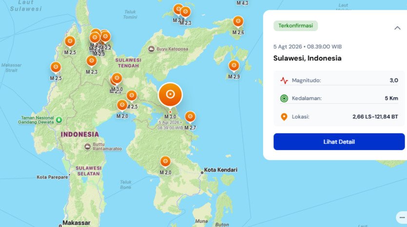 Gempa bumi magnitudo 3,0 mengguncang wilayah Sulawesi pada Rabu pagi, 5 Agustus 2026, dengan pusat gempa berada di kedalaman 5 kilometer berdasarkan data real-time BMKG.