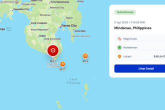 Gempa bumi magnitudo 6,5 mengguncang Mindanao, Filipina, pada 5 Agustus 2026 dengan kedalaman 10 kilometer dan masih dipantau otoritas.