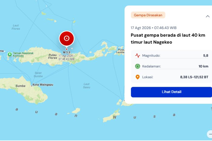 Gempa magnitudo 5,8 mengguncang wilayah laut timur laut Nagekeo dan dirasakan di sejumlah daerah di Nusa Tenggara Timur.