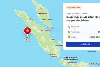 Gempa magnitudo 6,1 terjadi di laut tenggara Nias Selatan pada 18 Agustus 2026 dan dirasakan di sejumlah wilayah Sumatra dengan intensitas hingga IV MMI.