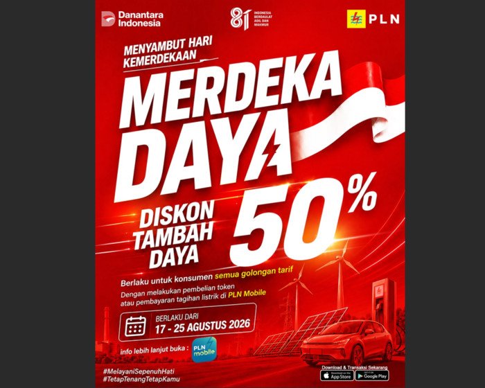 PLN menghadirkan promo 'Merdeka Daya' berupa diskon tambah daya listrik 50 persen dalam rangka HUT ke-81 Kemerdekaan RI.
