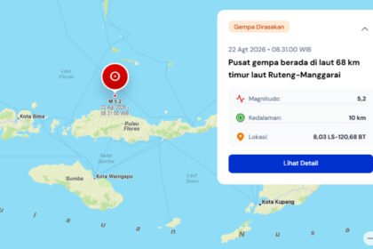 Gempa magnitudo 5,2 kembali mengguncang wilayah Flores pada Sabtu pagi, 22 Agustus 2026.