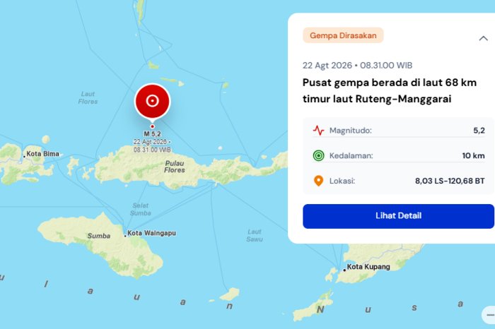 Gempa magnitudo 5,2 kembali mengguncang wilayah Flores pada Sabtu pagi, 22 Agustus 2026.