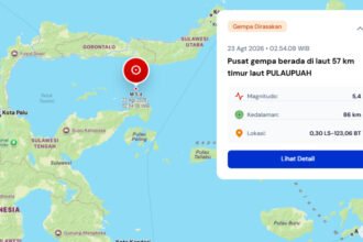 Gempa bumi magnitudo 5,4 mengguncang wilayah laut 57 kilometer timur laut Pulau Pua pada Minggu dini hari dan getarannya terasa hingga Luwuk.