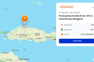 Gempa bumi magnitudo 4,6 mengguncang wilayah laut di utara Ruteng, Manggarai, dan dirasakan dengan intensitas III MMI.
