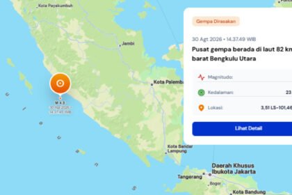 Gempa M4,8 terjadi di laut 82 kilometer barat Bengkulu Utara dan dirasakan di Kabupaten Seluma serta Kota Bengkulu.
