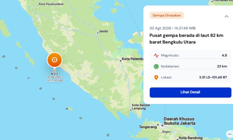 Gempa M4,8 terjadi di laut 82 kilometer barat Bengkulu Utara dan dirasakan di Kabupaten Seluma serta Kota Bengkulu.