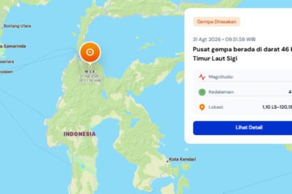 Gempa bermagnitudo 3,6 mengguncang wilayah daratan 46 kilometer timur laut Sigi, Senin pagi.