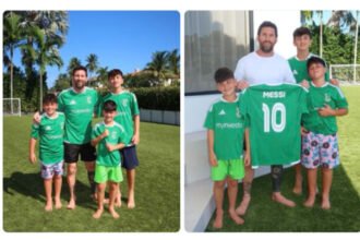 Lionel Messi bersama Thiago, Mateo, dan Ciro mengenakan jersey UE Cornellà dalam unggahan terbaru klub Catalan tersebut.