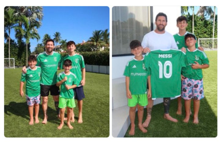Lionel Messi bersama Thiago, Mateo, dan Ciro mengenakan jersey UE Cornellà dalam unggahan terbaru klub Catalan tersebut.