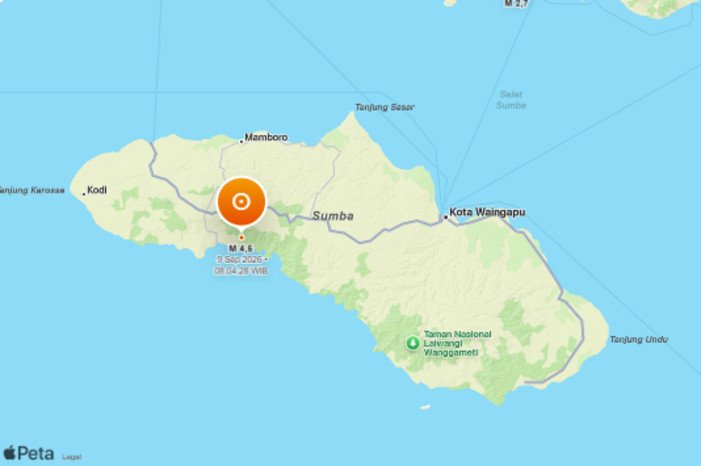 Gempa magnitudo 4,5 tercatat mengguncang region Sumba pada Rabu pagi, 9 September 2026.