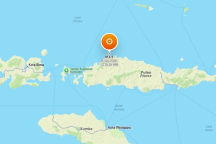 Gempa bumi magnitudo 4,9 terjadi di laut utara Ruteng-Manggarai, NTT, Sabtu 26 September 2026 pukul 02.39 WIB dengan kedalaman 9 kilometer.