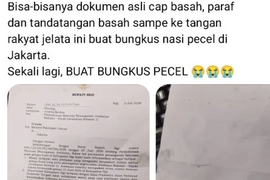 Surat Resmi Bupati Sigi Beredar Jadi Bungkus Nasi Pecel di Kuningan, Kementerian PU Minta Maaf