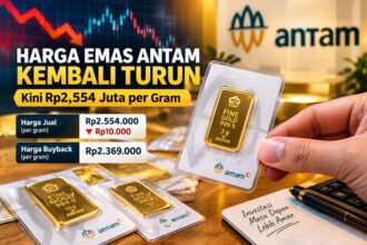 Harga emas Antam hari ini, Rabu 21 Oktober 2026, turun Rp10.000 menjadi Rp2.554.000 per gram, sedangkan harga buyback tercatat Rp2.369.000 per gram.