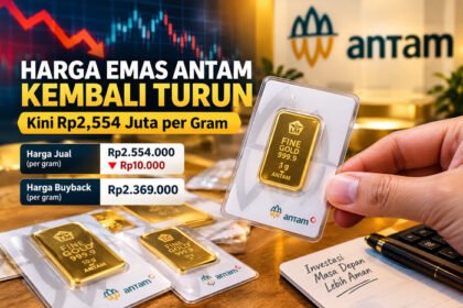 Harga emas Antam hari ini, Rabu 21 Oktober 2026, turun Rp10.000 menjadi Rp2.554.000 per gram, sedangkan harga buyback tercatat Rp2.369.000 per gram.